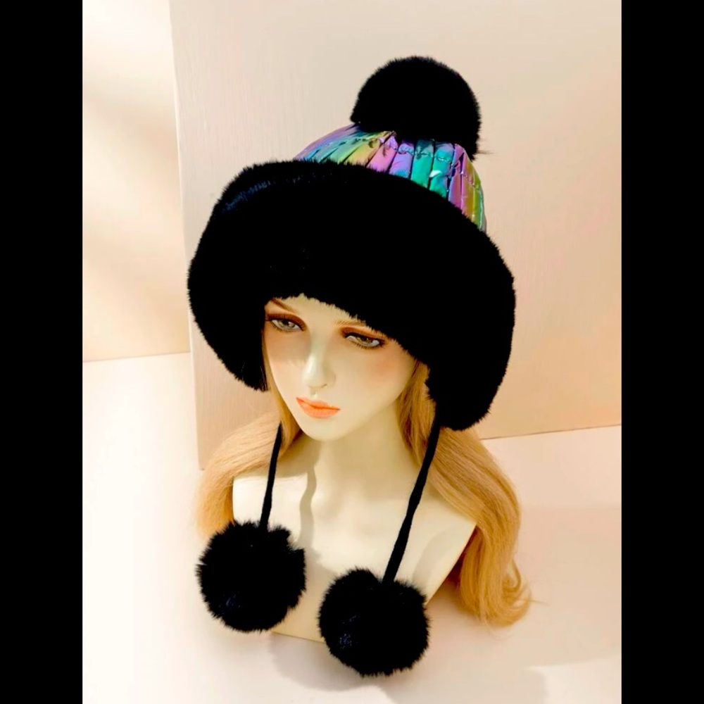 New Black Rainbow Metallic Holographic Pom Pom Faux Fur Beanie Winter Hat